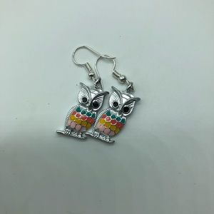 Colorful owl earrings, silver alloy, new in pack